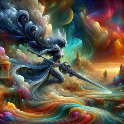 The primary subject of the image is a woman with a sword, who appears to be flying through the air. She is the main focus of the scene. The setting is a colorful, artistic environment, with a backdrop of a cloudy sky. The visual style is a combination of digital art and illustration, creating a vibrant and dynamic atmosphere. The colors and mood of the image are predominantly bright and lively, with a sense of adventure and fantasy.